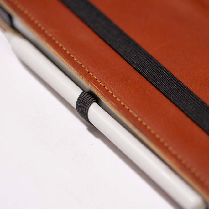 Apple Pencil Pro held with elastic on leather iPad case