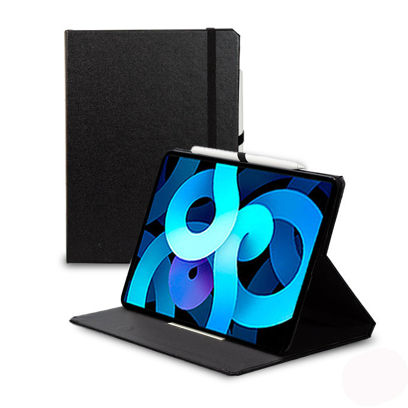 Classic Black iPad case with charcoal interior, shown open on its stand with iPad and Apple Pencil, handmade in the USA by DODOcase