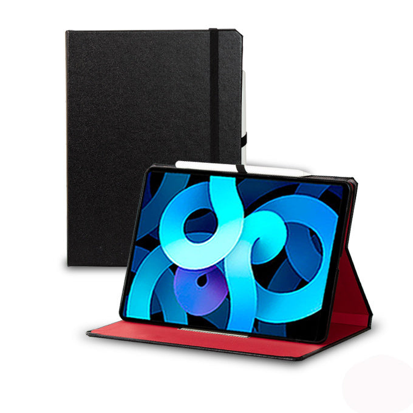 Classic Black iPad case with red interior, shown open on its stand with iPad and Apple Pencil, handmade in the USA by DODOcase