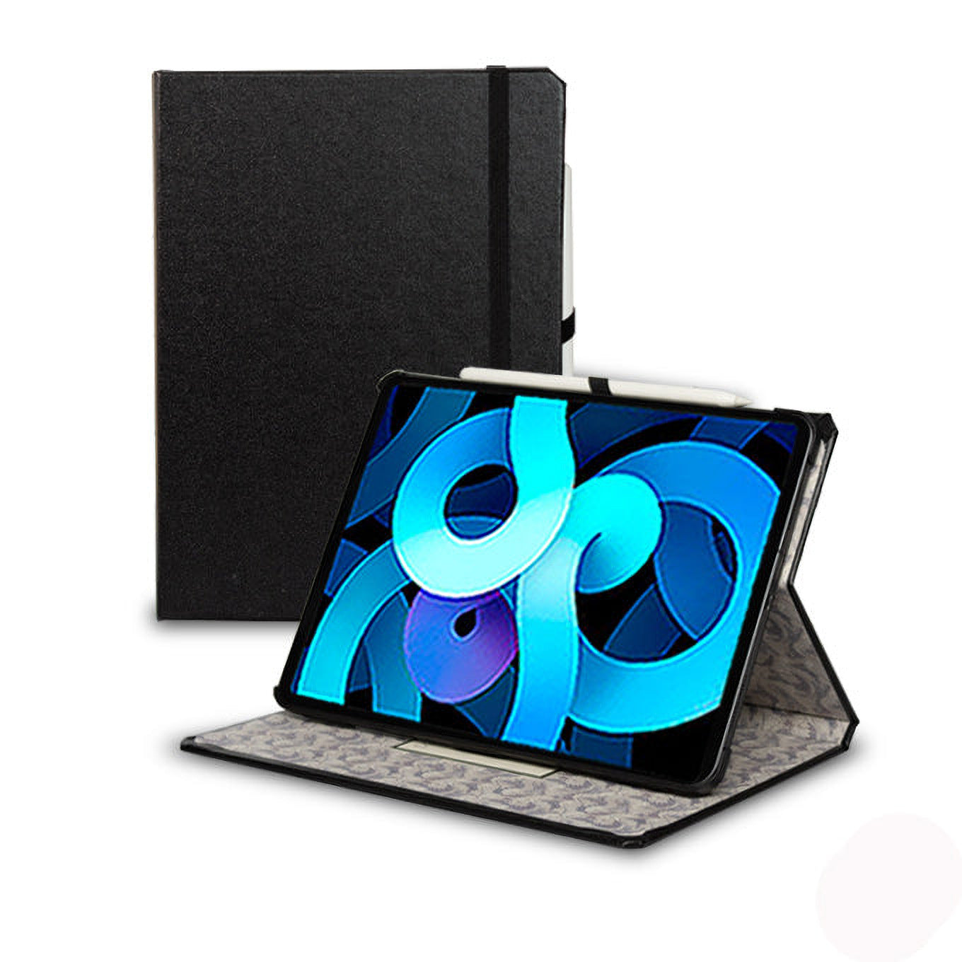 Classic Black iPad case with waves-pattern interior, shown open on its stand with iPad and Apple Pencil, handmade in the USA by DODOcase