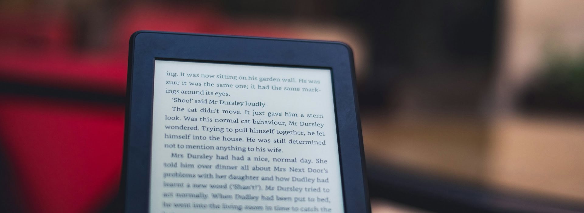 Kindle e-reader displaying text outdoors