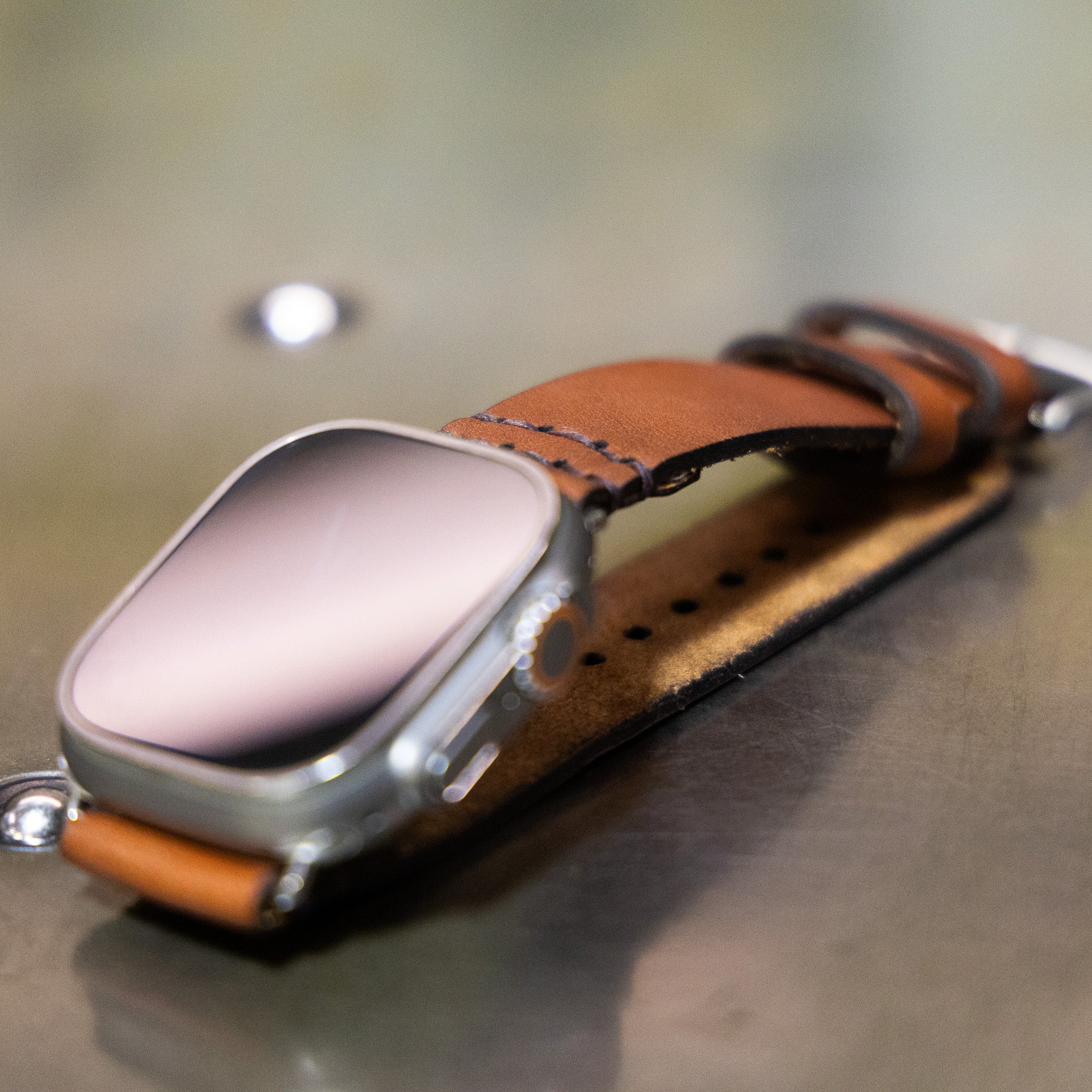 Leather Apple Watch band on Apple Watch Ultra, handsewn in USA