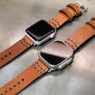 Handsewn leather Apple Watch bands on Apple Watch and Apple Watch Ultra, tan leather with saddle stitching