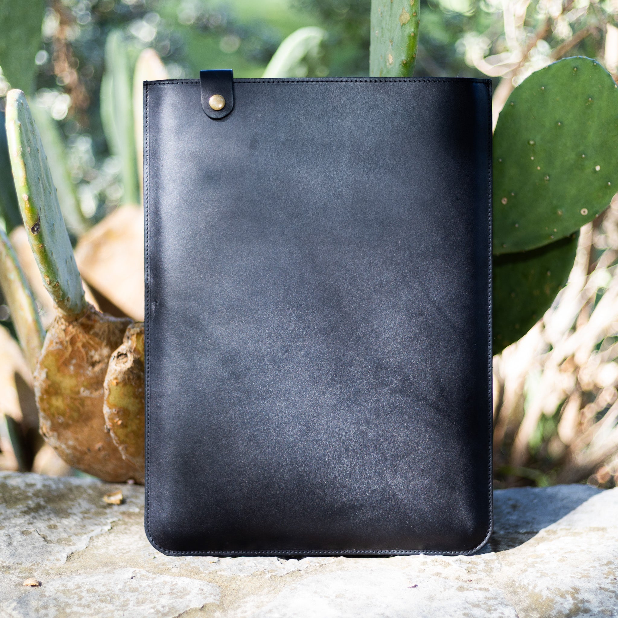 Black English Bridle leather MacBook sleeve propped against cactus