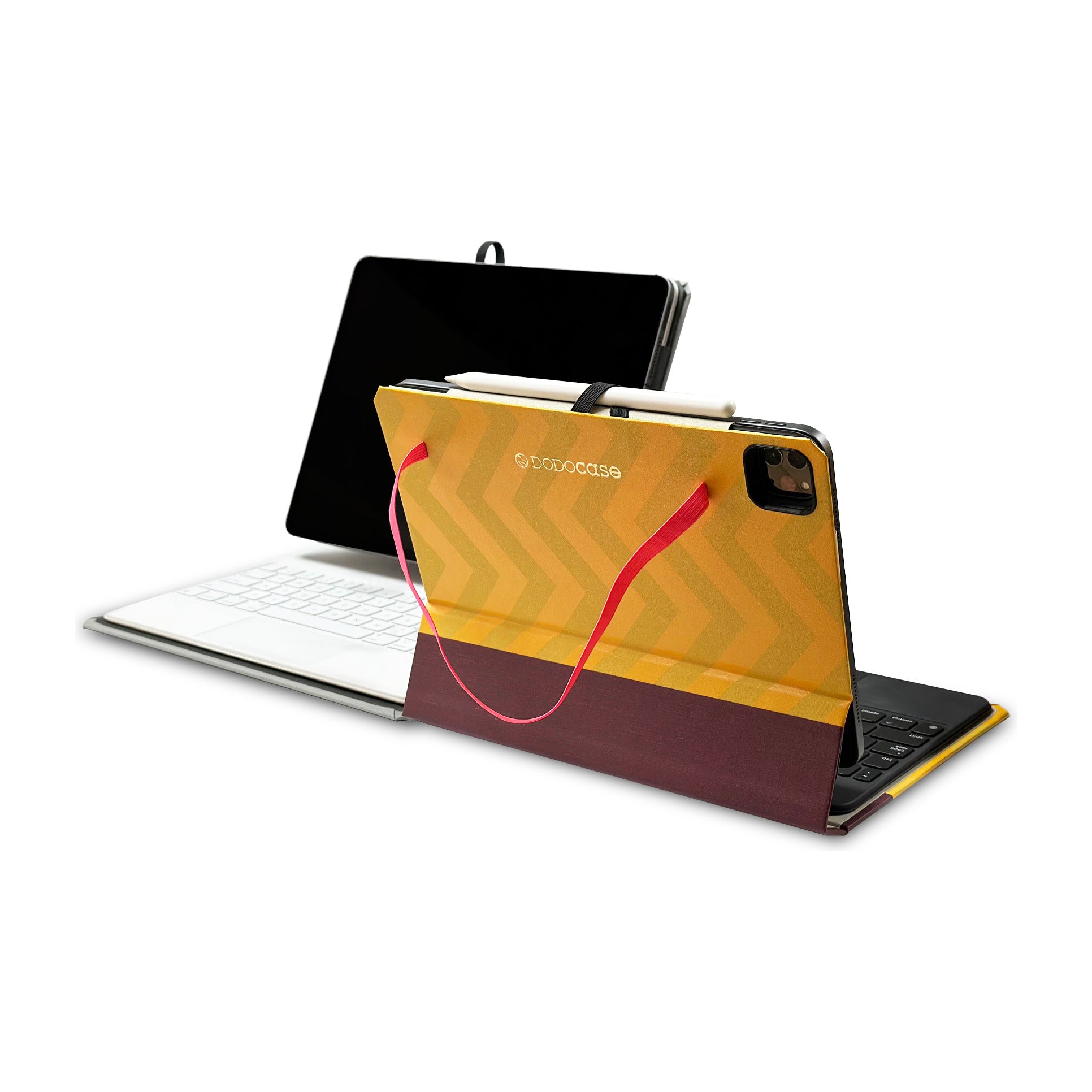 Custom Magic Keyboard book-style iPad case in yellow chevron with iPad and Apple Pencil, handmade in the USA by DODOcase