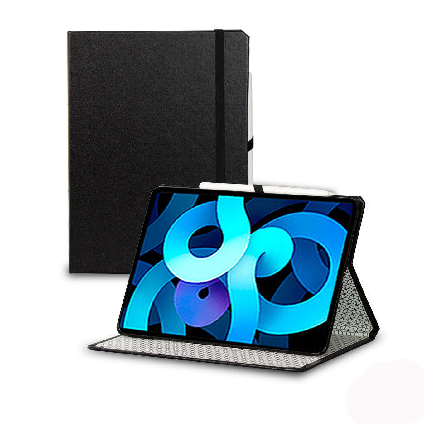 Classic Black iPad case with geometric-pattern interior, shown open on its stand with iPad and Apple Pencil, handmade in the USA by DODOcase