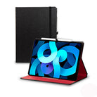 Classic Black iPad case with red interior, shown open on its stand with iPad and Apple Pencil, handmade in the USA by DODOcase